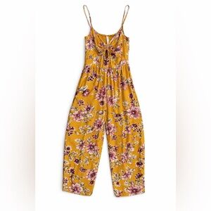 Xhilaration Mustard Floral Jumpsuit Wide Leg Boho Romper Pockets Size S